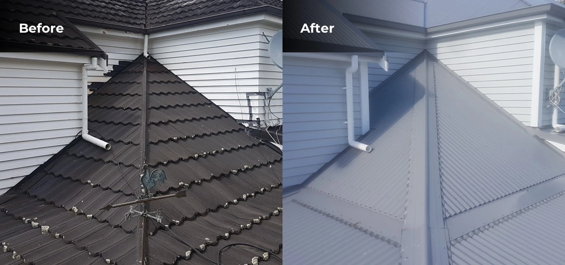 Before and after photos of a roof side by side, with an old roof on the left and the new roof on the right