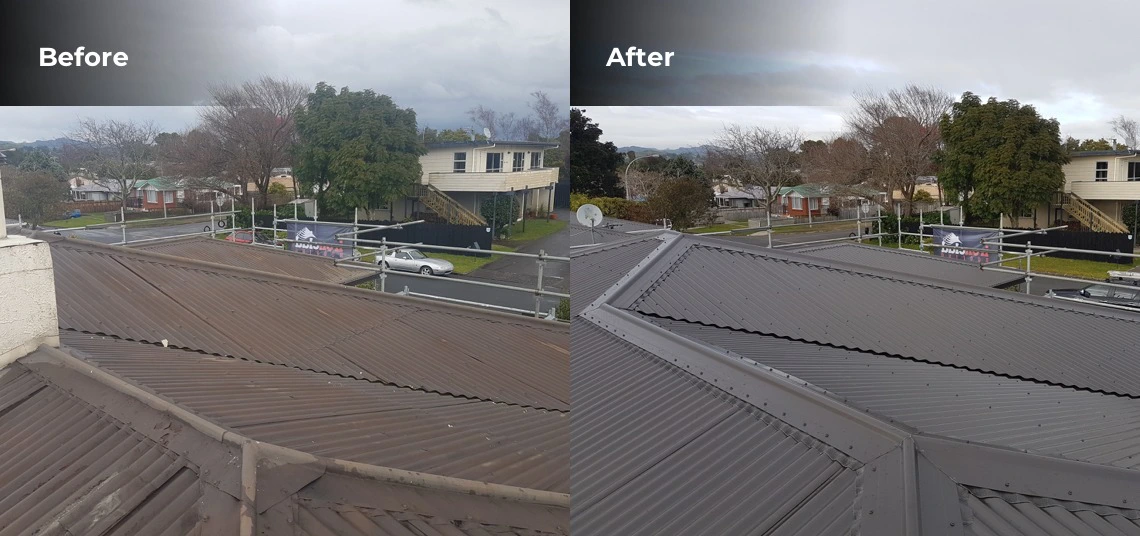 Before and after photos, with an old house roof on the left, and a new house roof on the right