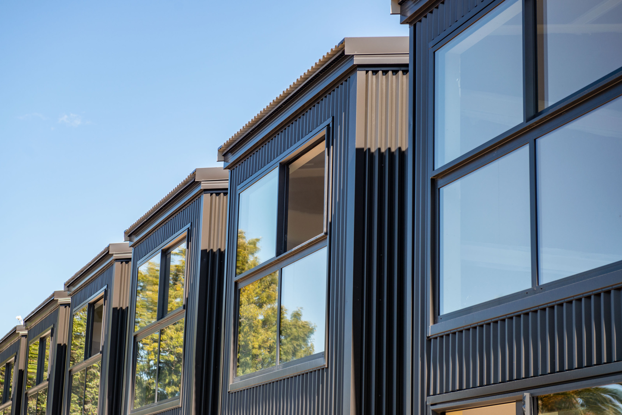 Metal cladding on a commercial offices building.